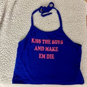 O-MIGHTY graphic royal blue neck tie halter crop top — size M  ✨💙💋